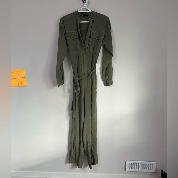 Zara Green Long Sleeves Belted Jumpsuit - Picture 3 of 15